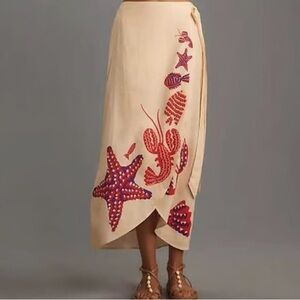 FARM Rio Cream Midi Skirt with Red and Purple Sea Life Design